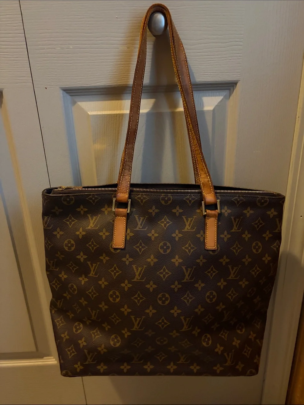 Louis Vuitton Brown Monogram Canvas Tote with Tan Straps